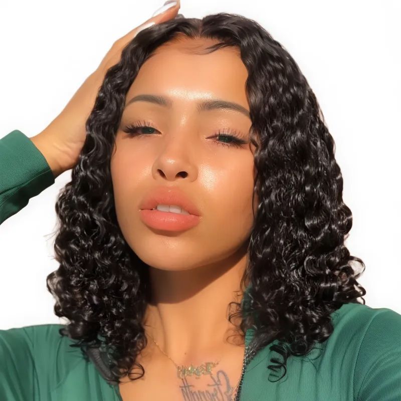 Geebuy 12" Water Curly Bob Frontal Wig-Full Frontal Lace Brazilian Hair Wig