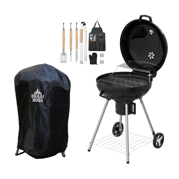 BraaiBoss 57cm Charcoal Kettle Braai - Hinged Lid, Cover &amp; Braai Tool Set