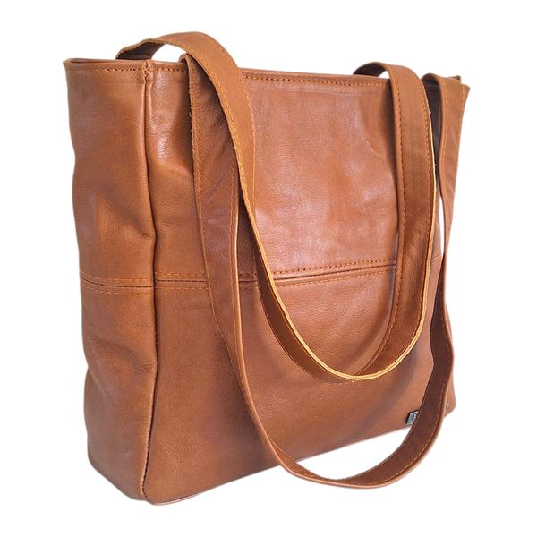 Leather Handbag - Shopper with Outside Pocket - Medium - Tan | MIRELLE