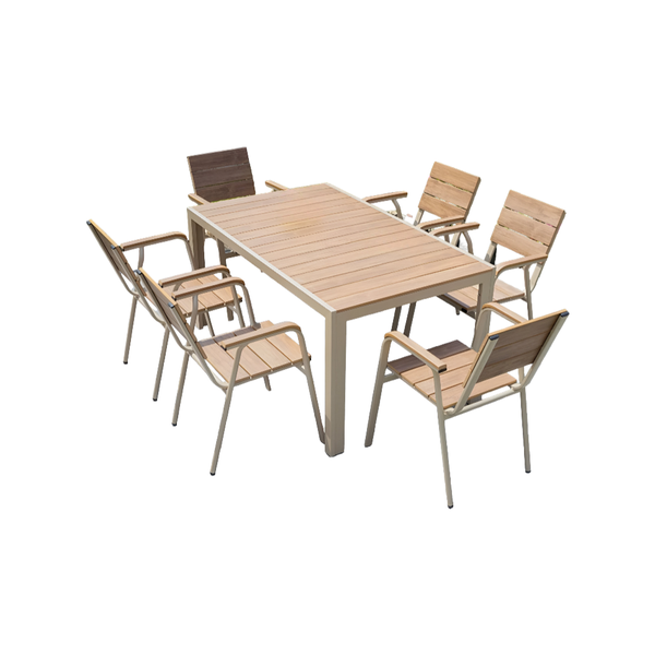 150 x 90cm Rectangular Outdoor Wood Table With 6 Chair With Steel Frame