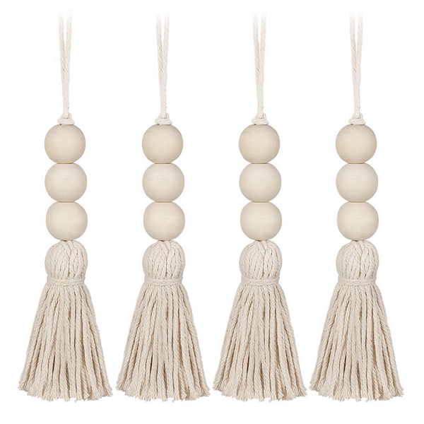 Wood Bead Garlands, Beads Tassels, Rustic Country Decor (4Pcs)