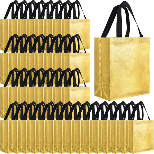 Gift Bags, Reusable Tote Bags, 80Pcs Medium Gold with Black Handles