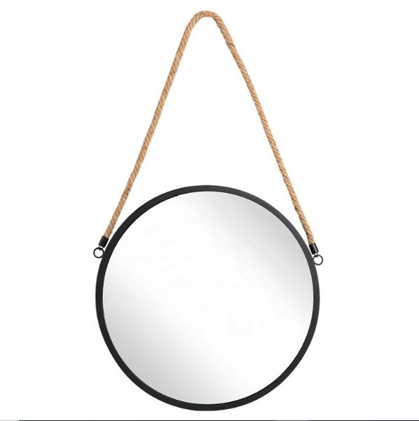 Modern Black Metal Frame Rope Hanging Wall Mirror for Home Décor