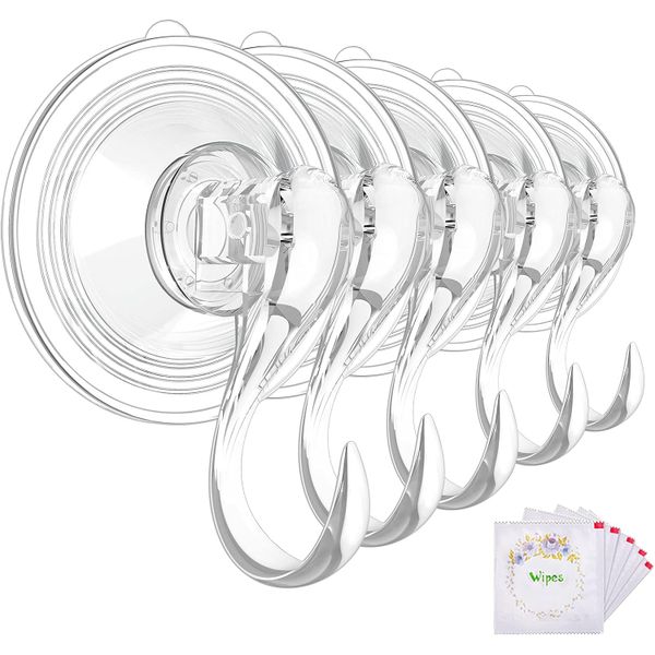5pcs Heavy Duty Clear Removable Reusable Large Suction Cup Hooks with Wipes
