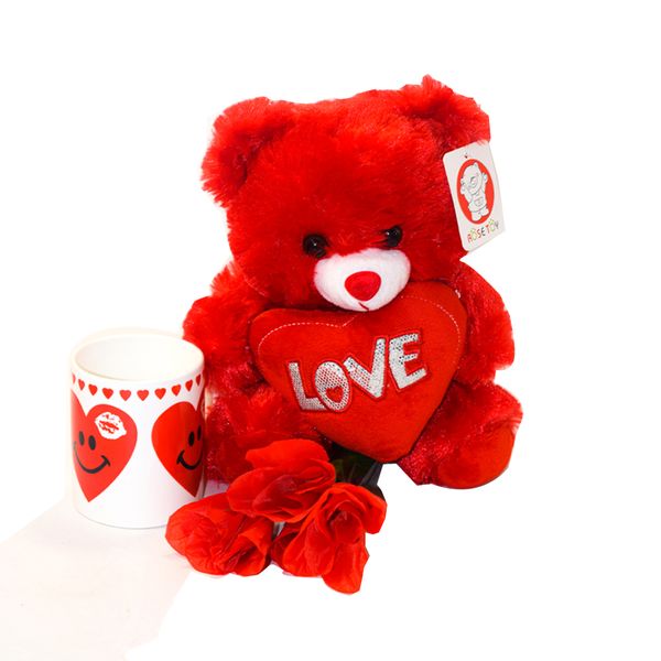 25cm Red Teddy Bear &amp; Valentine's Day Mug and 4x Plastic Rose Set