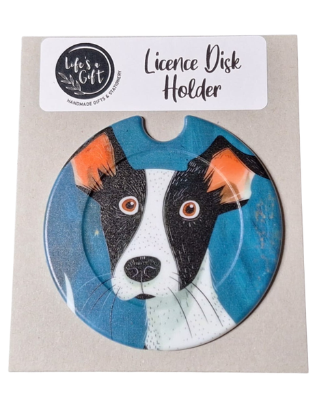 Licence Disk Holder - White Stripe, Black Patches Dog with Big Eyes
