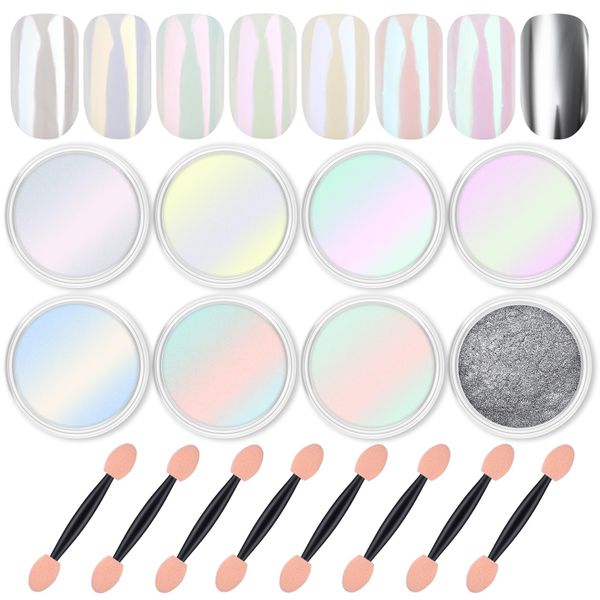 8 Jars Chrome Nail Powder Mirror Effect Aurora Powder with Sponge Stick