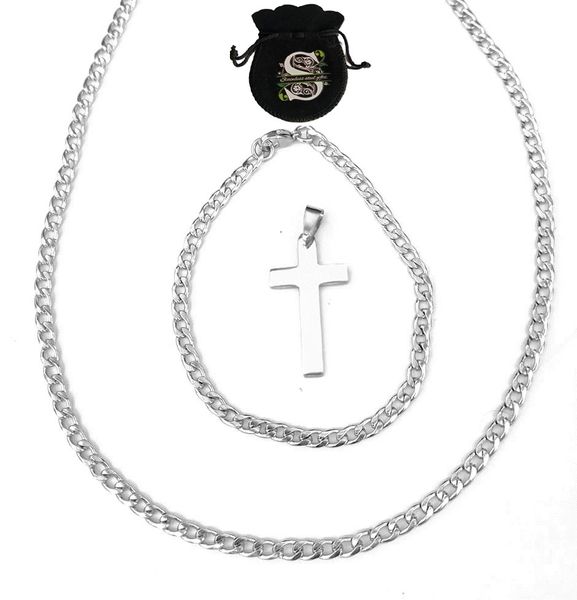 Cuban 4mm Stainless Steel 60cm Chain + 20cm Bracelet &amp; Cross Pendant