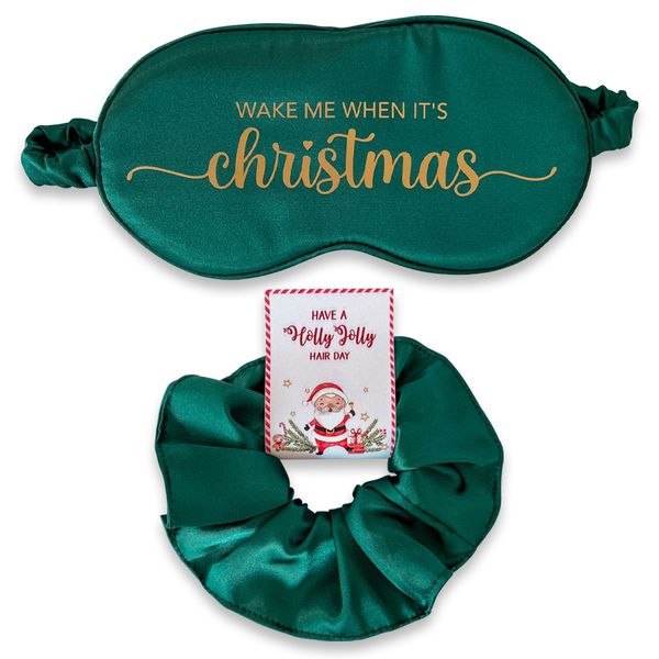 Green Satin wake me up for Christmas eye mask and Santa scrunchie gift set