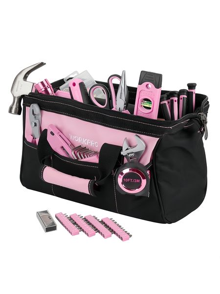 WORKPRO Pink Lady Tool Set Wide Mouth Open Storage Bag