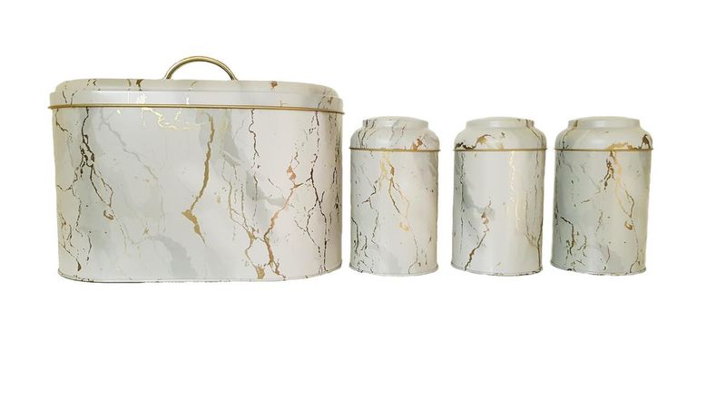 Cream Bread Bin &amp; 3 Piece Canister Set with Gold, Grey and White Detail