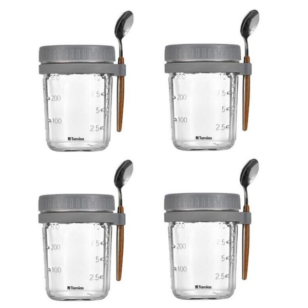 Tamias Overnight Oats Container with Lid Spoon &amp; Straw Pack of 4 - 350ml Grey