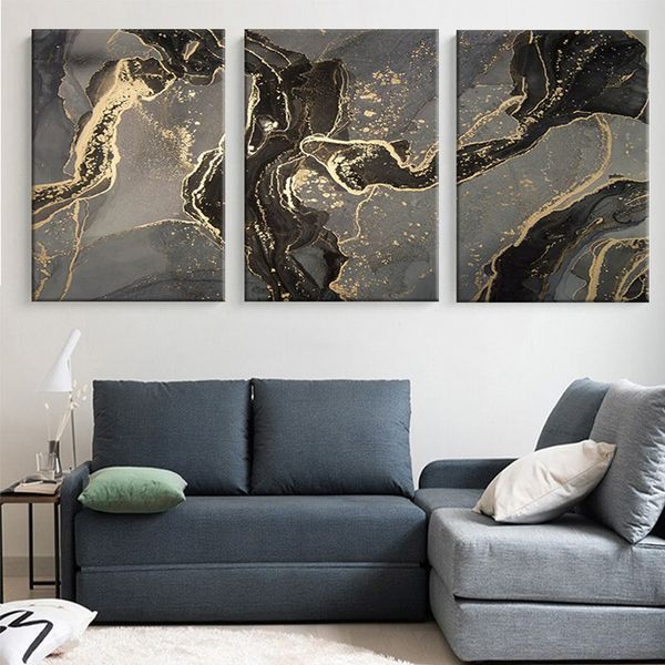 Golden Black 3-Piece Abstract Line Canvas Print Wall Art Decor