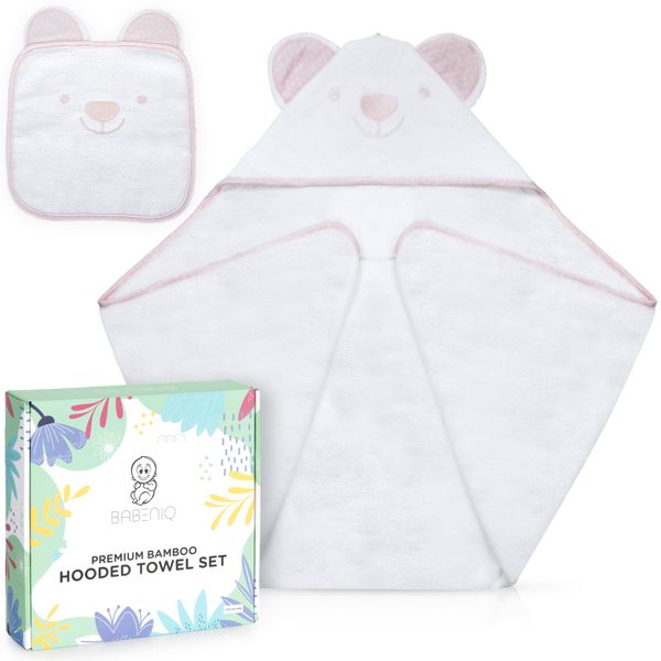 Babeniq Bamboo Hooded Baby Towel and Washcloth Gift Set. Organic Large Pink