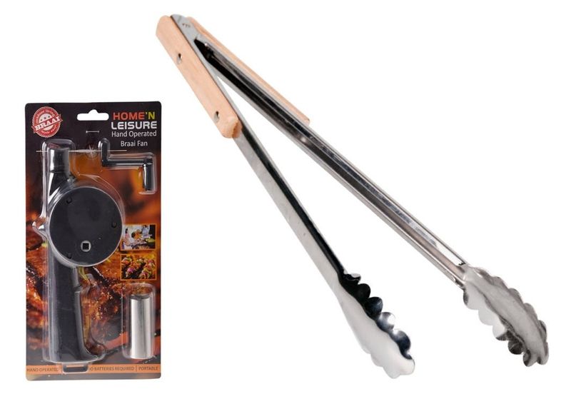 BBQ Fan + BBQ Tongs Stainless Steel 40cm Wooden Handle