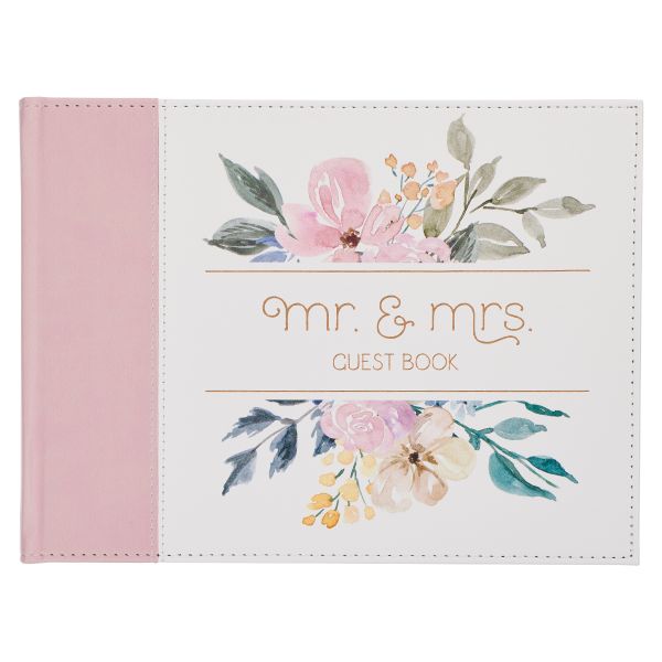 Medium Faux Leather Guest Book - Mr &amp; Mrs, White And Pink Floral