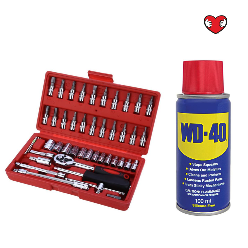 Tools Socket Wrench 46 Piece Set Handy Size & WD40 Lubricant Spray 200ml Buy Online in South
