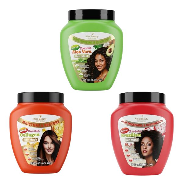 Pack of 3 - Kiss Beauty Gold Keratin Biotin Avo Aloe Vera Hair Mask 1000ml