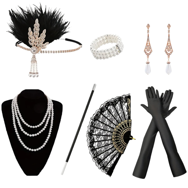1920's Flapper Inspired Dress - Up Accessories Set for Women - 7 Piece