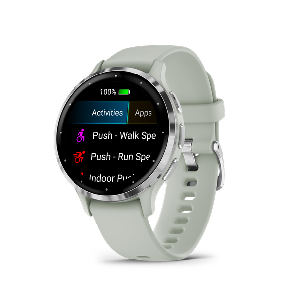Garmin Venu 3S: Silver Stainless Steel Bezel with Sage Grey Case and Silicone Band