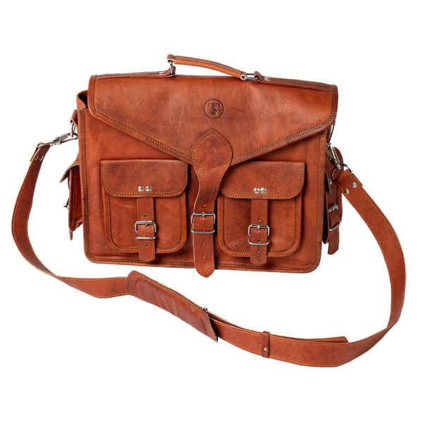 Leather Briefcase/Laptop Bag- 3 Division - by Trendz &amp; Stylez - Tan