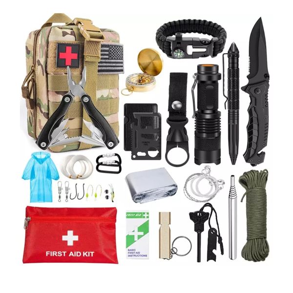 Herqona - 19 in 1 Professional Tactical Kit Survival Gear Bag- Khaki