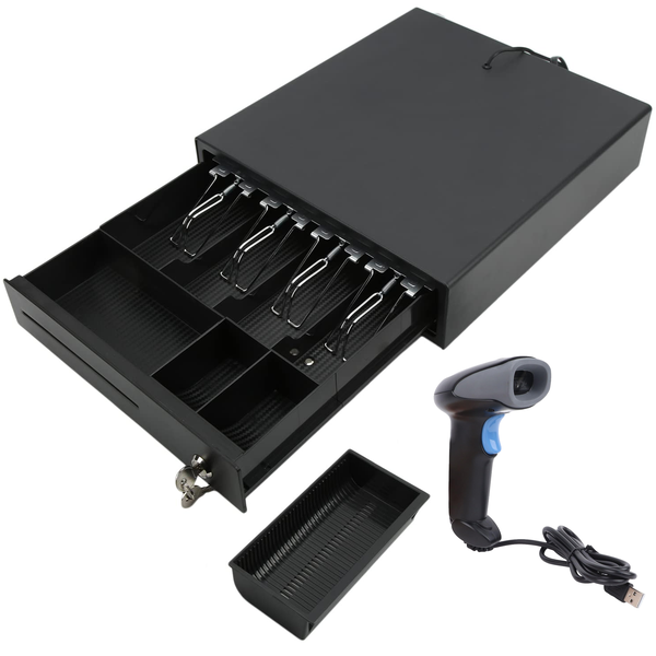Cash Drawer &amp; 1D Wired Barcode Scanner - Black, RJ11 Printer Interface