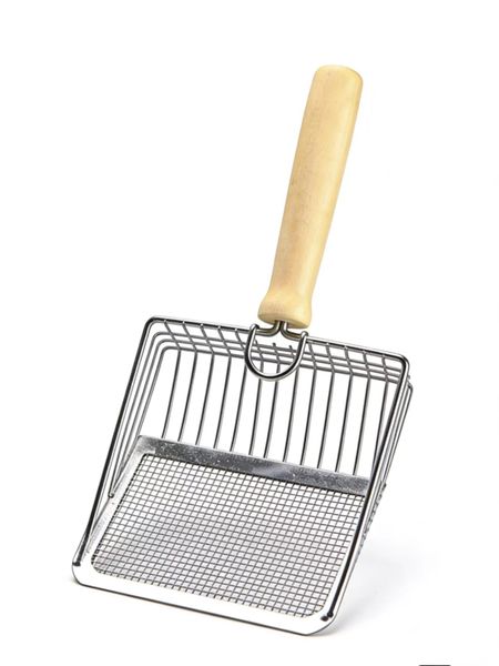 Dual-Gap Metal Cat Litter Scoop with Long Wooden Handle