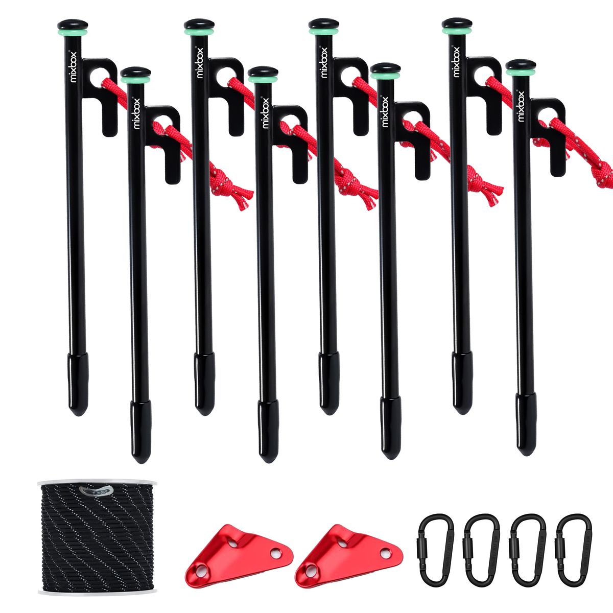 Mix Box 8 Piece 30m Tent Stakes with 40m Reflective Camping Tent Rope Set