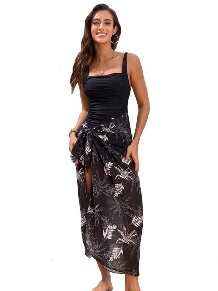 One-Piece Swimsuit for Women with Cover Up Retro Bathing Suit &amp; Beach Wrap