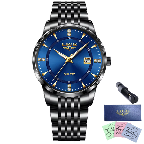 LIGE - Men Luxury Stainless Steel Strap Formal Analogue Quartz Watch