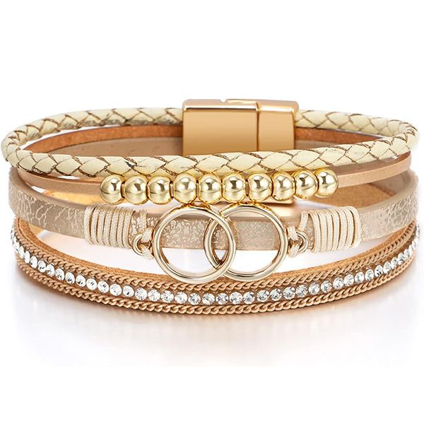Boho Leather Wrap Multi-Layer Pearl Crystal Bracelet