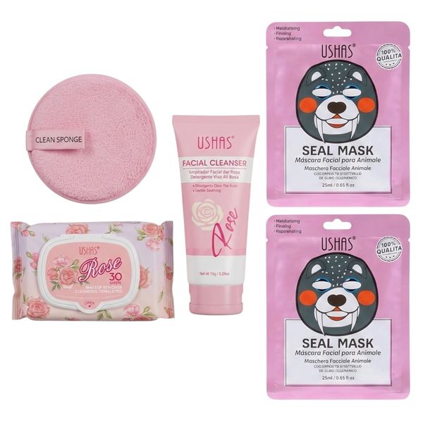 34 pieces Ushas Rose Set Facial Cleanser Micellar Wipes&amp;Seal Mask Hydration