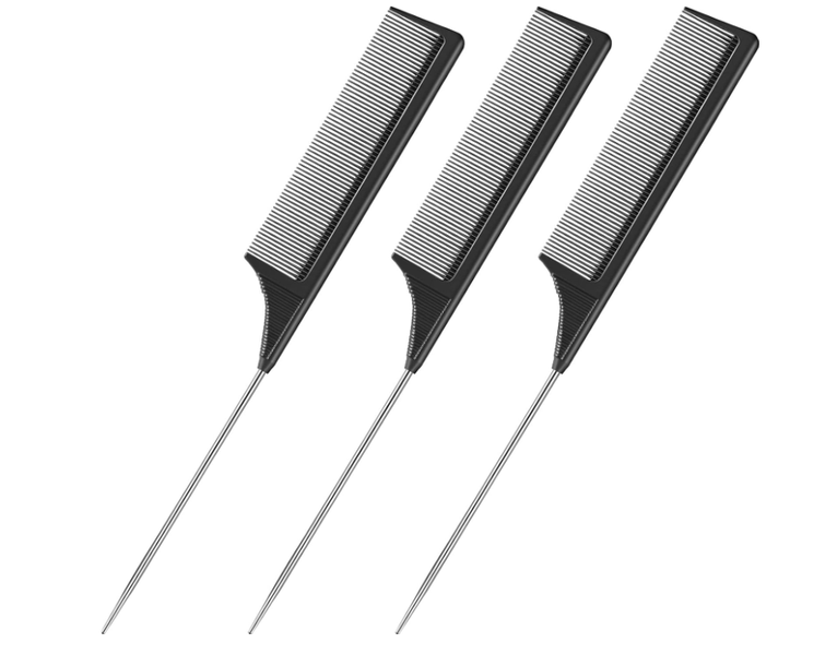 3 Packs Rat Tail Comb Steel Pin Rat Tail Carbon Fiber Heat Resistant
