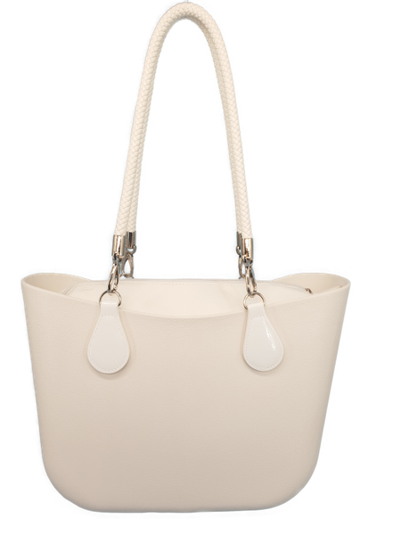 Eva Classic Handbag White, PU Leather White Inner, Brown Handles