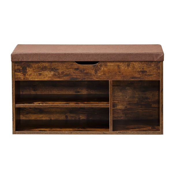 Vintage-Style Wood Grain Shoe Bench with Padded Seat Cushion