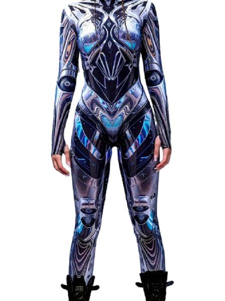 Women's Futuristic Navy Blue Cyber Bodysuit High Stretch Full Body Suit -M