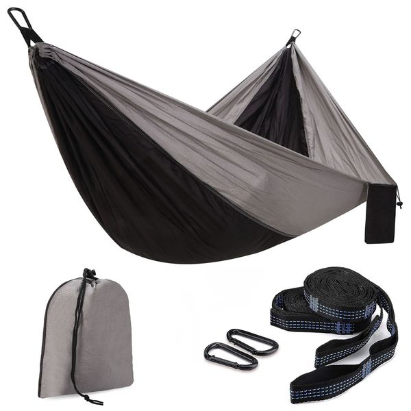 210T Hammock (275cm x 140cm) with 2x 2m Straps &amp; Carabiners (Black &amp; Grey)