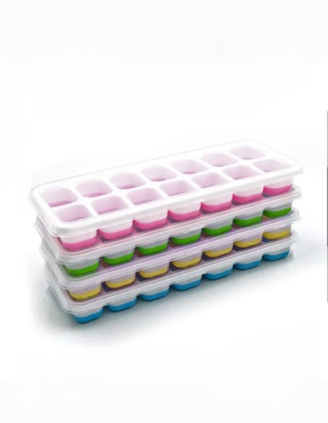 4 Pack Pop-Out Silicone Ice Cube Trays With Lids - 4 Different Colors