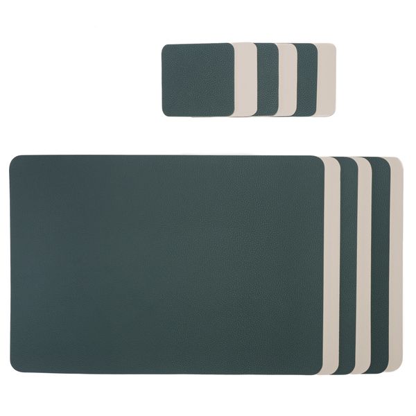 Placemat and Coaster Set - Faux Leather - Emerald and Cream