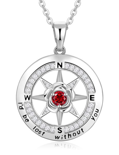 Silver Compass Rose Flower Birthstone Necklace