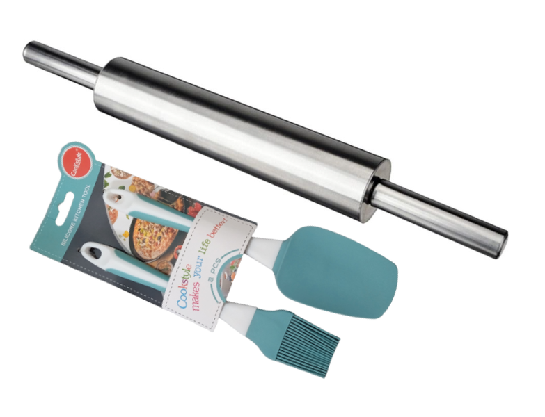 Stainless Steel Premium Rolling Pin with Spatula and Brush Combo