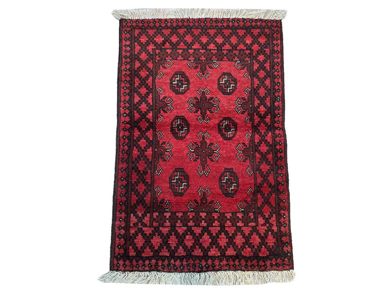 Red Afghan Handmade Bedside Carpet - 113 x 75 CM