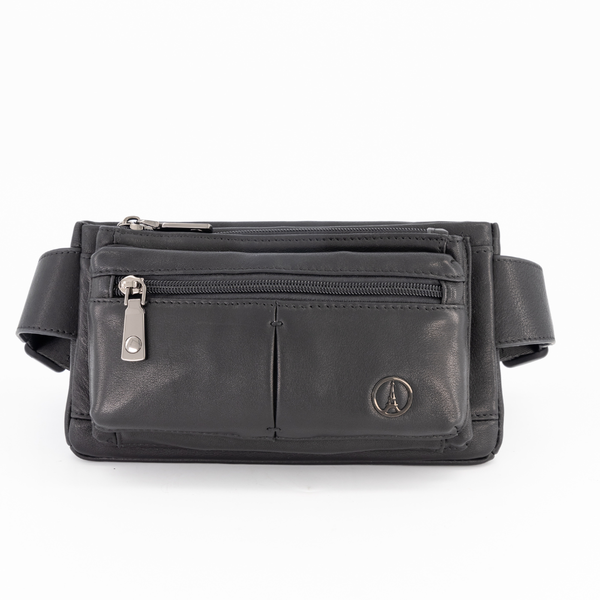 Lefel Genuine Leather Multi Zip Waist Bag - Black