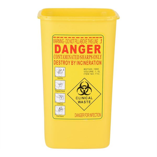 Medical Plastic Sharps Container 1L for Tattoo Needles Disposal - Yellow