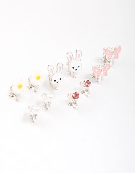 Kids Silver Bunny &amp; Flower Clip On Earring 6-Pack