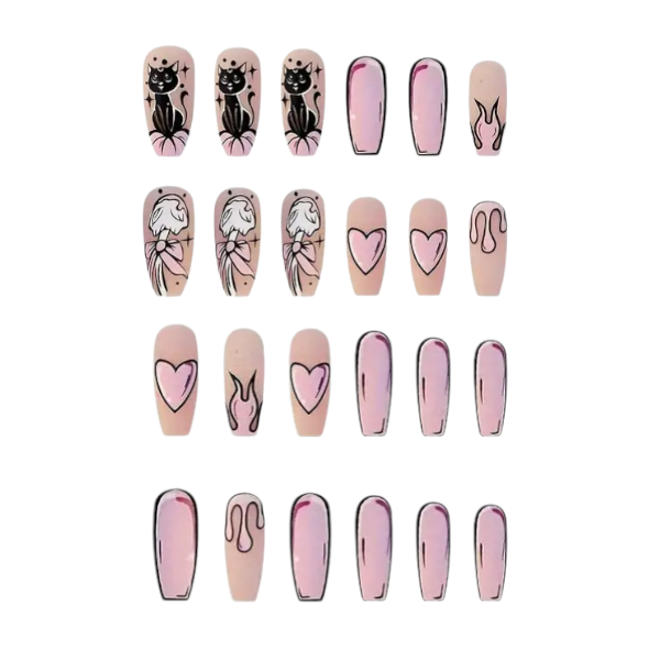 24 Piece Coffin Press-On Nails With Comic Design And Charming Cats - Pink