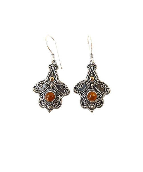 VickyD Balinese 925 Sterling Silver Amber Gemstone Drop &amp; Dangle Earrings