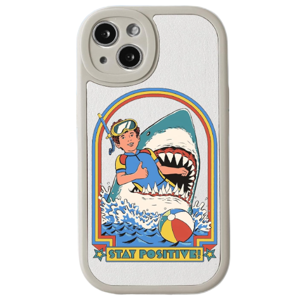 Stay Positive Shark Cartoon Phone Case for iPhone 15 - White