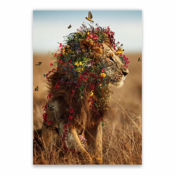 Decorated Lion With Flowers And Birds Poster - A1